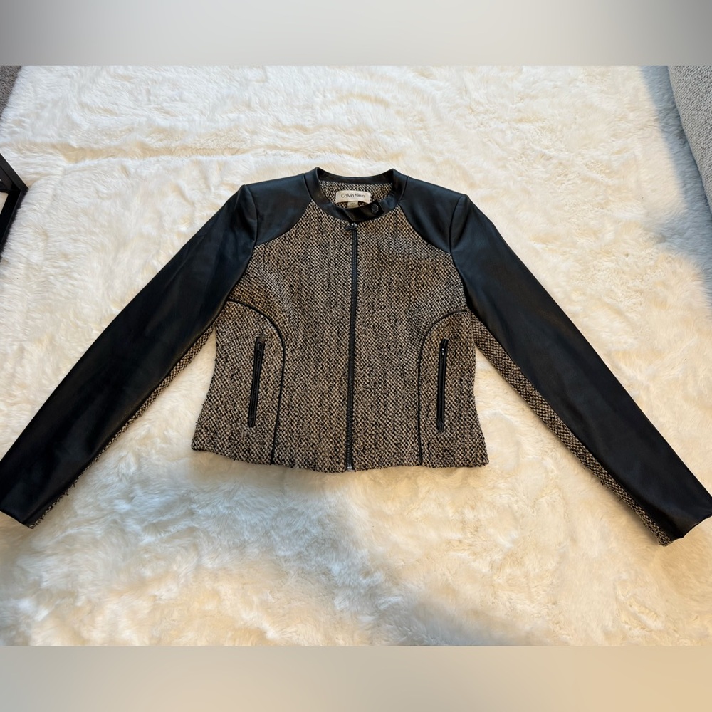 Calvin Klein Black and Gray Blazer with Textured Tweed Design